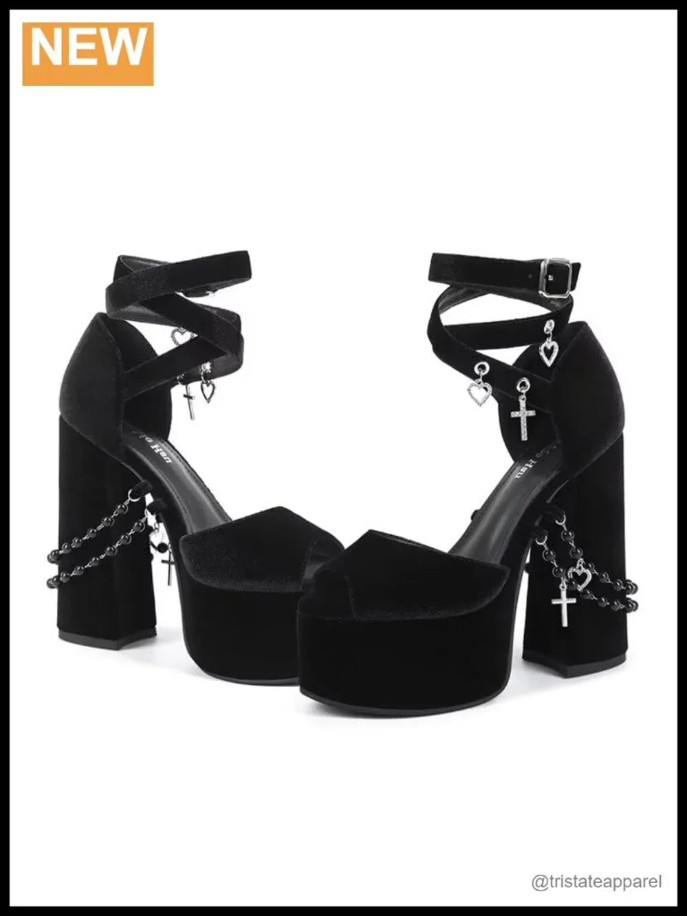 Velvet Platform Heeled Sandals with Rhinestone Cross Heart Bead Chain Ankle